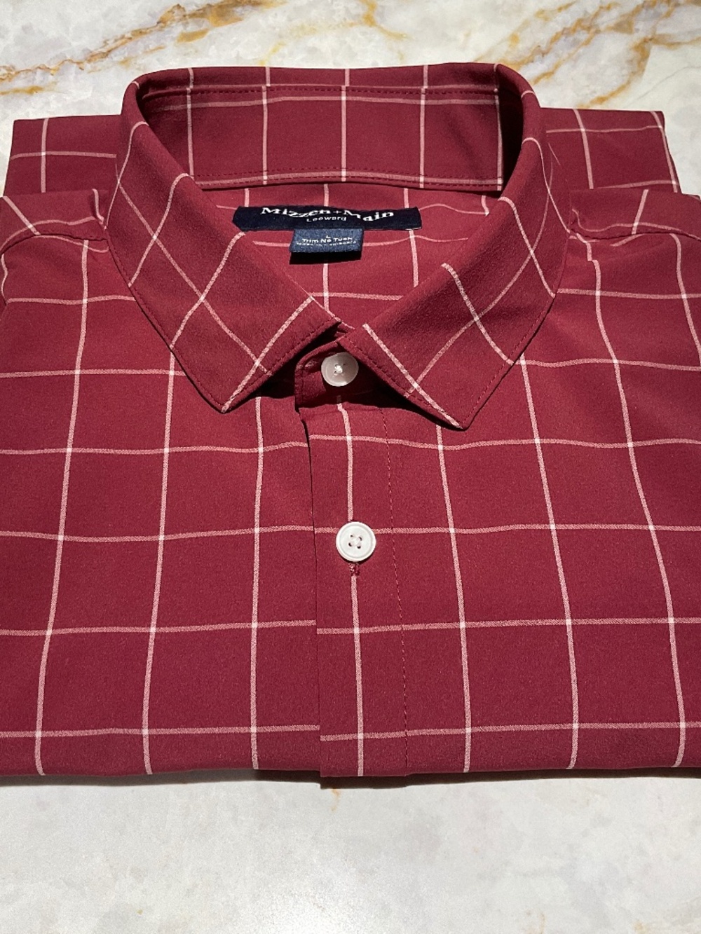 Mizzen+Main, Longwood sleeves, burgundy, size L, men’s shirt, plaid